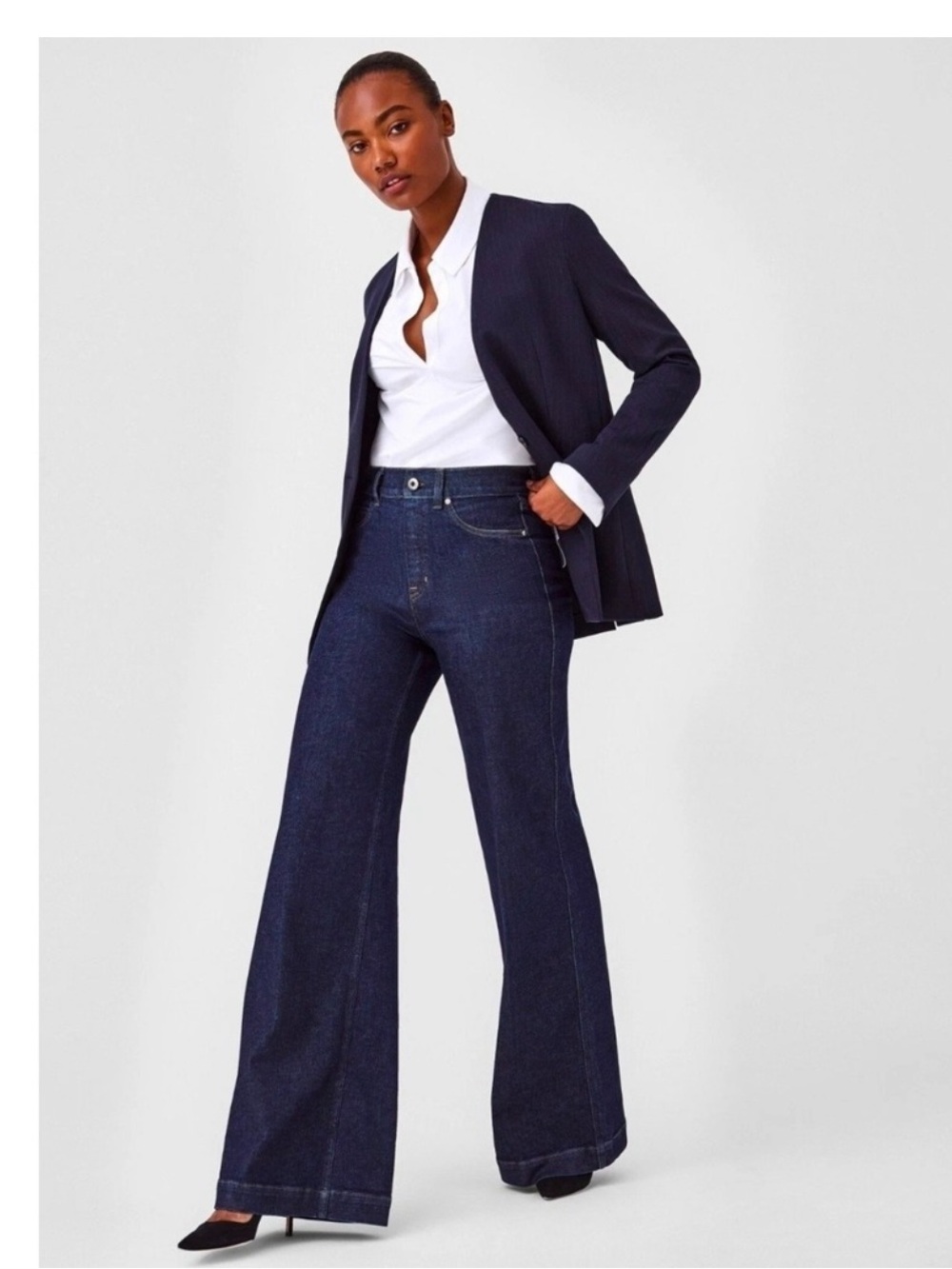 Spanx Flare Jeans Raw Indigo Dark Wash High Rise Pull On XL